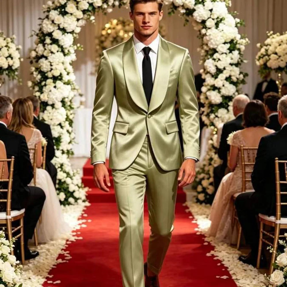 Men's Satin Suit 2-Piece Slim Fit Shawl Lapel Tuxedo for Wedding & Formal Events