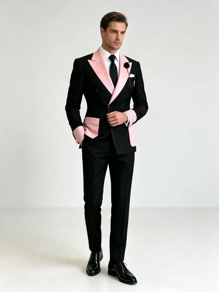 Men's Business Casual Blazer Slim Fit Double Breasted Black Pink Color Block Peak Lapel Formal Tuxedo Jacket Groom Wedding Party