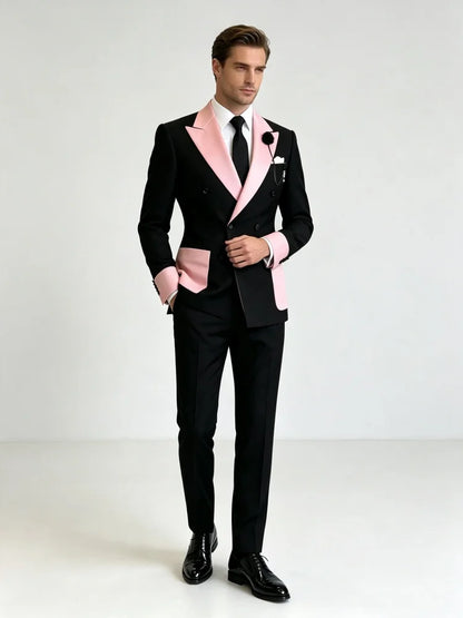 Men's Business Casual Blazer Slim Fit Double Breasted Black Pink Color Block Peak Lapel Formal Tuxedo Jacket Groom Wedding Party