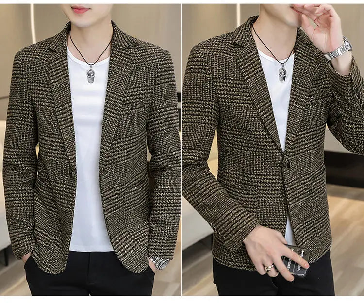 Men's Slim Fit Blazer Single Breasted Plaid Smart Casual Suit Jacket
