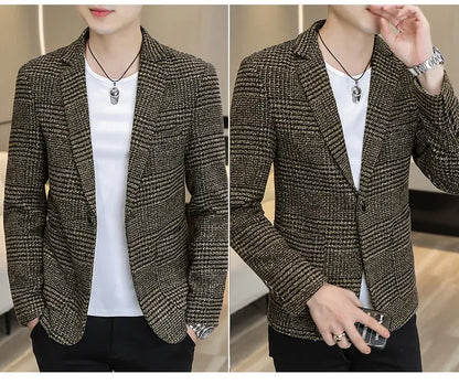 Men's Slim Fit Blazer Single Breasted Plaid Smart Casual Suit Jacket