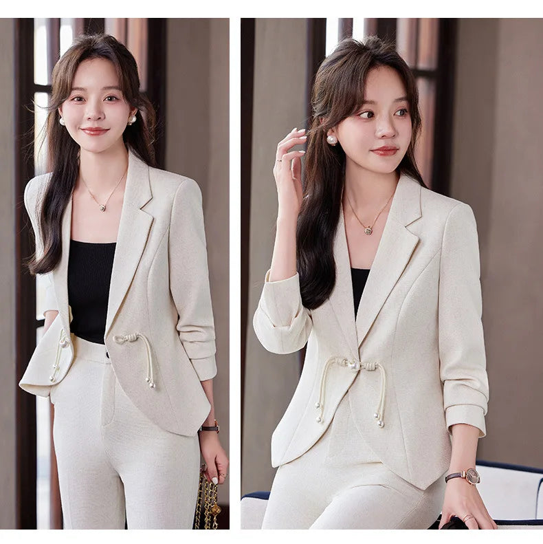 Elegant National Style Buckle Pants Suit  2024 Autumn New Professional Temperament Slim Blazer And Pants Office Ladies Work Wear