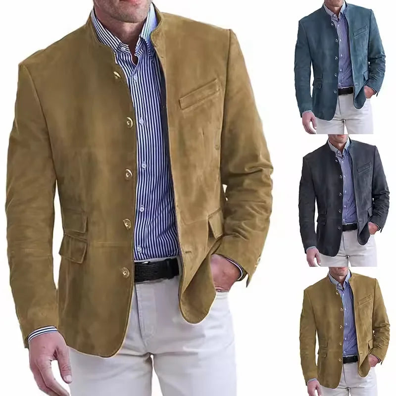 Vintage Men's Suede Blazer Elbow Patch Slim Fit Mandarin Collar Textured Fabric Jacket Business Casual Wedding Party Coat