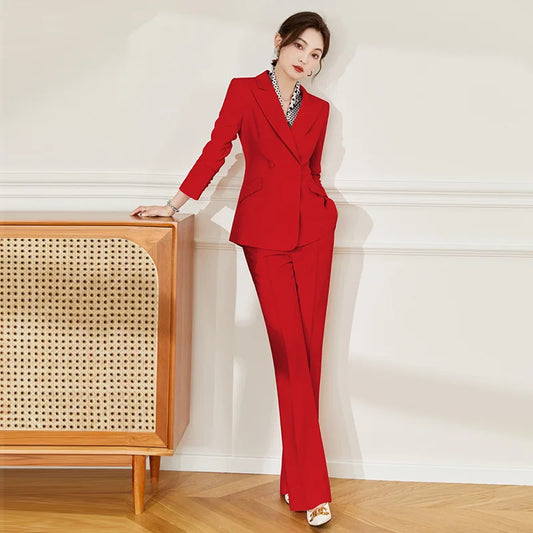 Newest Fashion Red Pant Suit Set Women's Solid Casual Peak Lapel Double Breasted Blazer Flare Pants Suit for Business Office