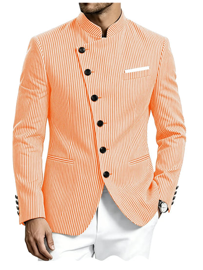 Men Mandarin Collar Suit Jacket Stand Collar Asymmetrical Single Breasted Men Blazer Slim Fit Business Formal Coat For Business