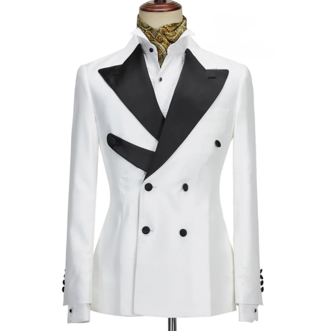 Men Suit 2 Pieces Black White With Lapel Double Button For Wedding Business Banquet Party Prom Office Work Set Jacket And Pnats