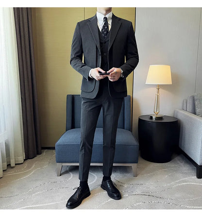British Style Fake Two-piece Suit Set Men's Wedding Groom Dress 3 Piece Set Suit Vest Trousers Slim Office Business Casual Suits