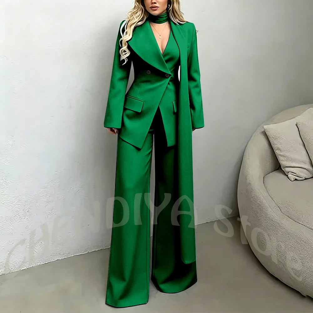 Classic Black Women Suit Set Double Breasted Asymmetrical Blazer Pants with Muffler Formal Office Elegant Two Piece Outfit