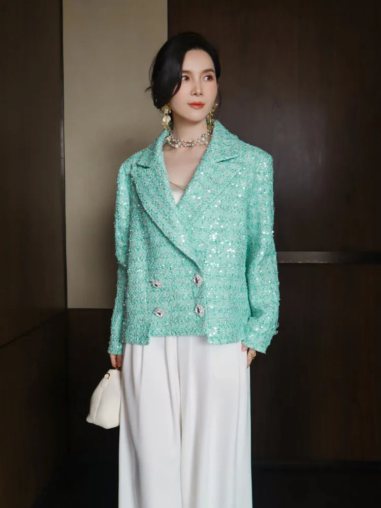 Elegant Women Spring Sequined Tweed Jacket Fashion Office Lady Doubil Breasted Short Coat Turn Down Collar Long Sleeve Outerwear