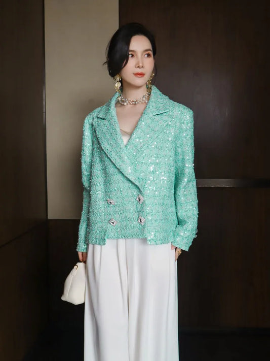 Elegant Women Spring Sequined Tweed Jacket Fashion Office Lady Doubil Breasted Short Coat Turn Down Collar Long Sleeve Outerwear