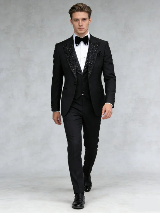 Men's 3-Piece Beaded Formal Suit – Slim Fit Tuxedo for Wedding, Groom & Business Events