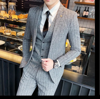 Men's 3-Piece Slim Fit Striped Plaid Suit Set with Vest and Trousers – Wedding & Business