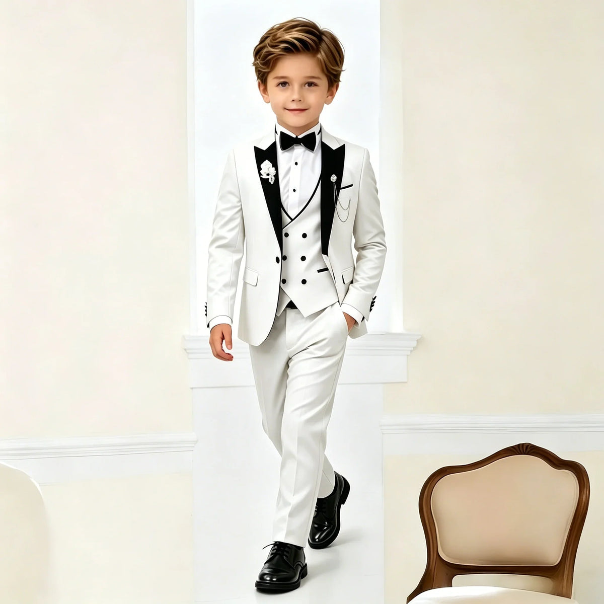 Beige Boys Suit Jacket Vest Pants Set Peaked Lapel Blazer Wedding Tuxedos for Kids Party Stage Dress Child Formal Suit