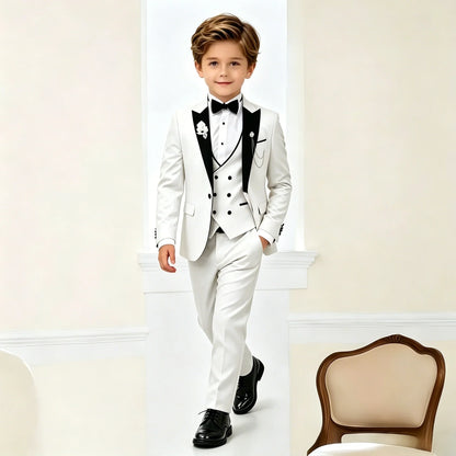 Beige Boys Suit Jacket Vest Pants Set Peaked Lapel Blazer Wedding Tuxedos for Kids Party Stage Dress Child Formal Suit