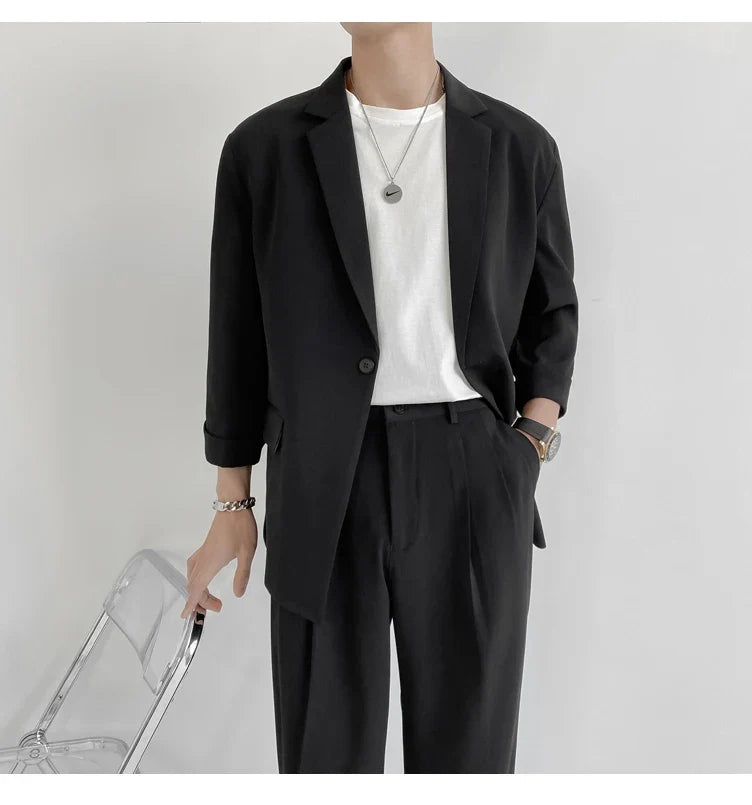 2022 Fashion Summer 2-piece Set Solid Color Single-breasted Casual Simple Student Wear Homme Loose Suits Wear (Blazers + Pants)