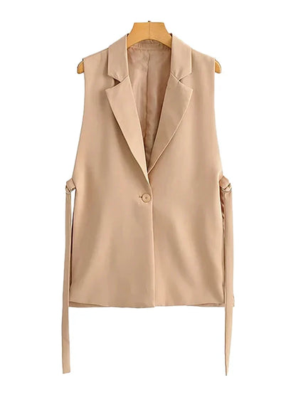 Women Fashion With Taps Side Vents Waistcoat Vintage Sleeveless Front Button Female Outerwear Chic Vest Tops