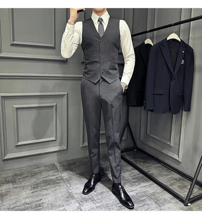 Men's 3 Piece Suit Set Double‑Button Slim Fit Solid Color Business Casual Wedding Party Jacket Vest Pants Formal Outfit for Men