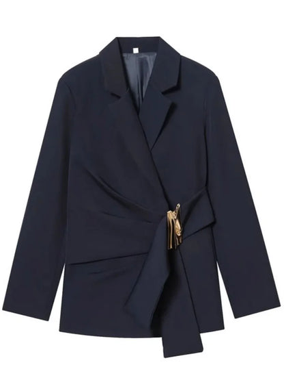 Women Asymmetric Buckle Blazer Elegant Wrap Suit Jacket Slim Waist Tailored Office Lady Workwear Fashion Blazer Coat