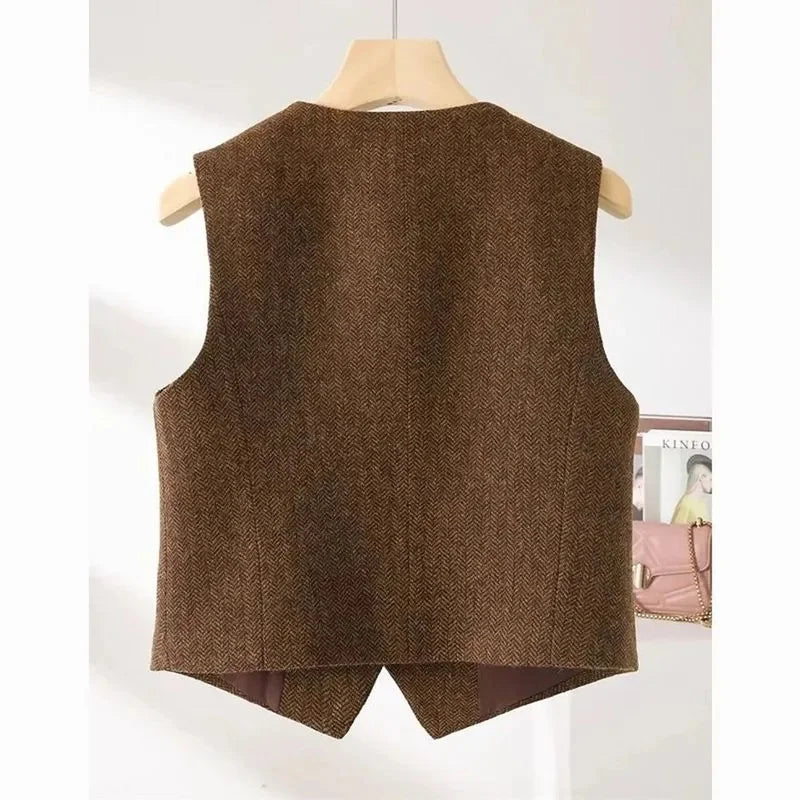 Vintage V-neck Casual Vest Jacket Women British Style  Loose Sleeveless Waistcoat 2025 New Spring Summer Buttons Ladies Outwear