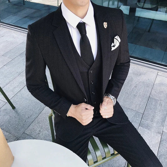 Men's Slim Fit 3-Piece Suit – Blazer, Vest & Pants | Stripe Formal Business & Wedding Suit