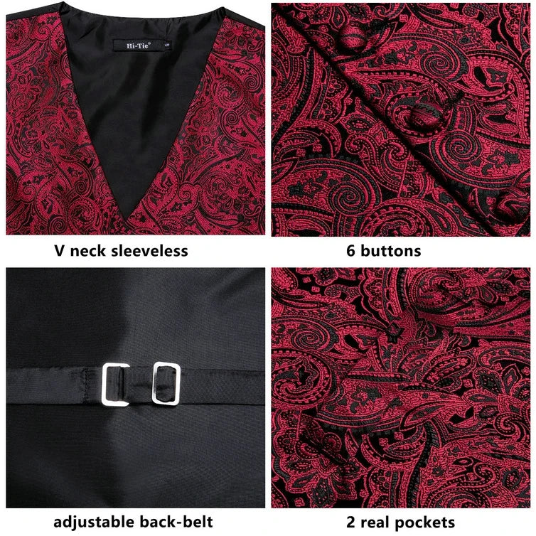 Men's Suit Vest Set Red Paisley Waistcoat with Tie Pocket Square Cufflinks for Weddings