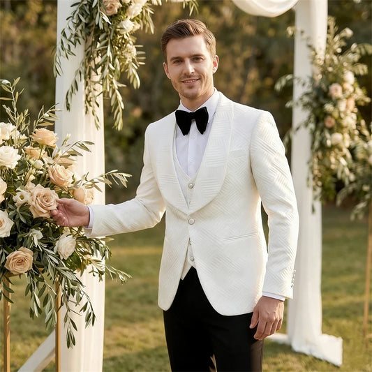 Men's 4-Piece Jacquard Wedding Suit – Slim Fit Groom Tuxedo in White, S to XXXL