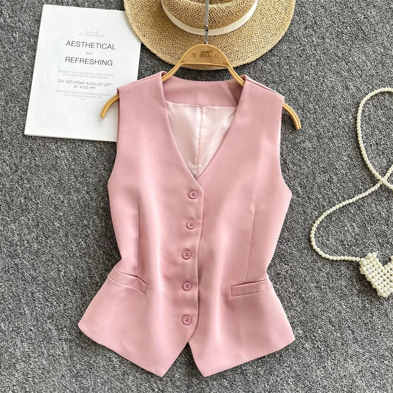 Summer Women V-neck Suit Sleeveless Jacket Femme Casual Short Waistcoat Top Korean Ladies Fashion Solid Color Cardigan Vest Coat