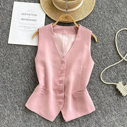 Summer Women V-neck Suit Sleeveless Jacket Femme Casual Short Waistcoat Top Korean Ladies Fashion Solid Color Cardigan Vest Coat