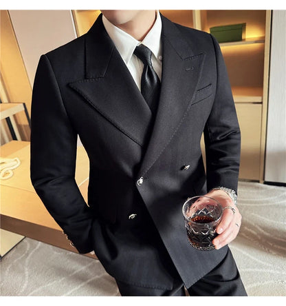 Autumn Winter Thickened Woolen Suit Jacket Men Double-breasted Casual Business Blazers Slim Fit Wedding Social Dress Coat M-4XL