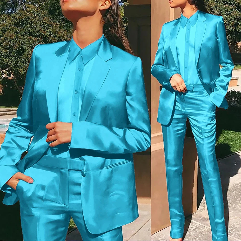 Women’s Red Satin Suit 2 Piece (Jacket+Pants) Set Gorgeous Single-breasted Blazer for Evening Party Formal Cocktail Streetwear