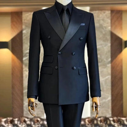 2 Piece Black Slim Fit Wedding Men's Suits Notch Lapel Double Breasted Blazer And Pants Formal Business Groom Tuxedo Male Outfit
