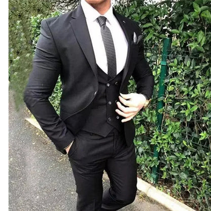 Black Men Suits Slim Fit Notch Lapel Groom Tuxedo for Wedding Party Causal Street Fashion 3 Piece Jacket Vest with Pants