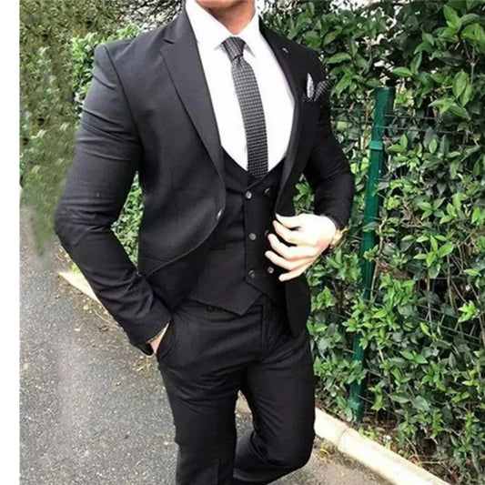 Black Men Suits Slim Fit Notch Lapel Groom Tuxedo for Wedding Party Causal Street Fashion 3 Piece Jacket Vest with Pants