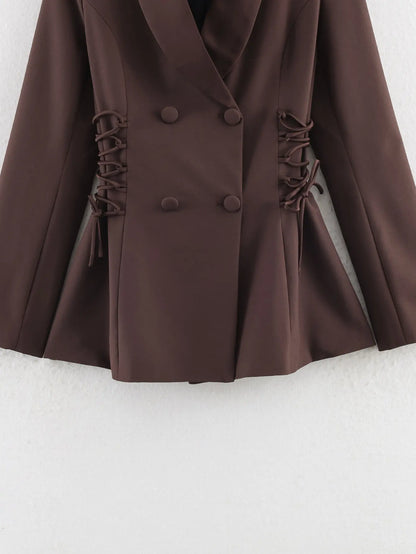 Women Brown Blazer Jacket Y2k 2000s Vintage Bandage Suit Coat Long Sleeve Double Breasted Oversize Outerwear Spring Autumn 2026