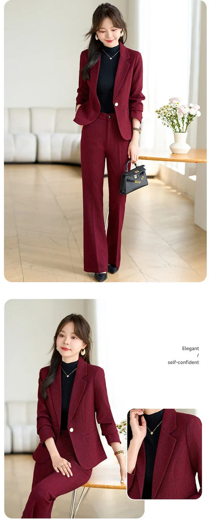 2024 Autumn Winter New Retro Plaid Woolen Blazer Coat And High Waist Flare Pant Two Piece Set Women's Suit Business Clothing