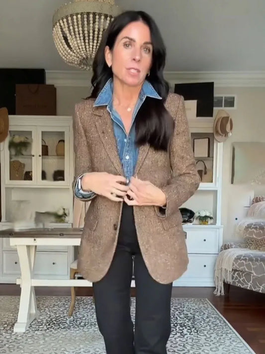 Woman Winter Lapel Pocket Decoration Single Breasted Long Sleeves Herringbone Twill Blazer Female Leisure Street Style Coat