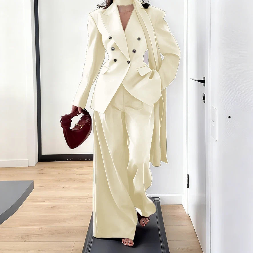 Elegant Women Double Breasted Suit Set Double Breasted Peaked Lapel Blazer+Pants Daily Slim Fit Office Evening Party Outerwears