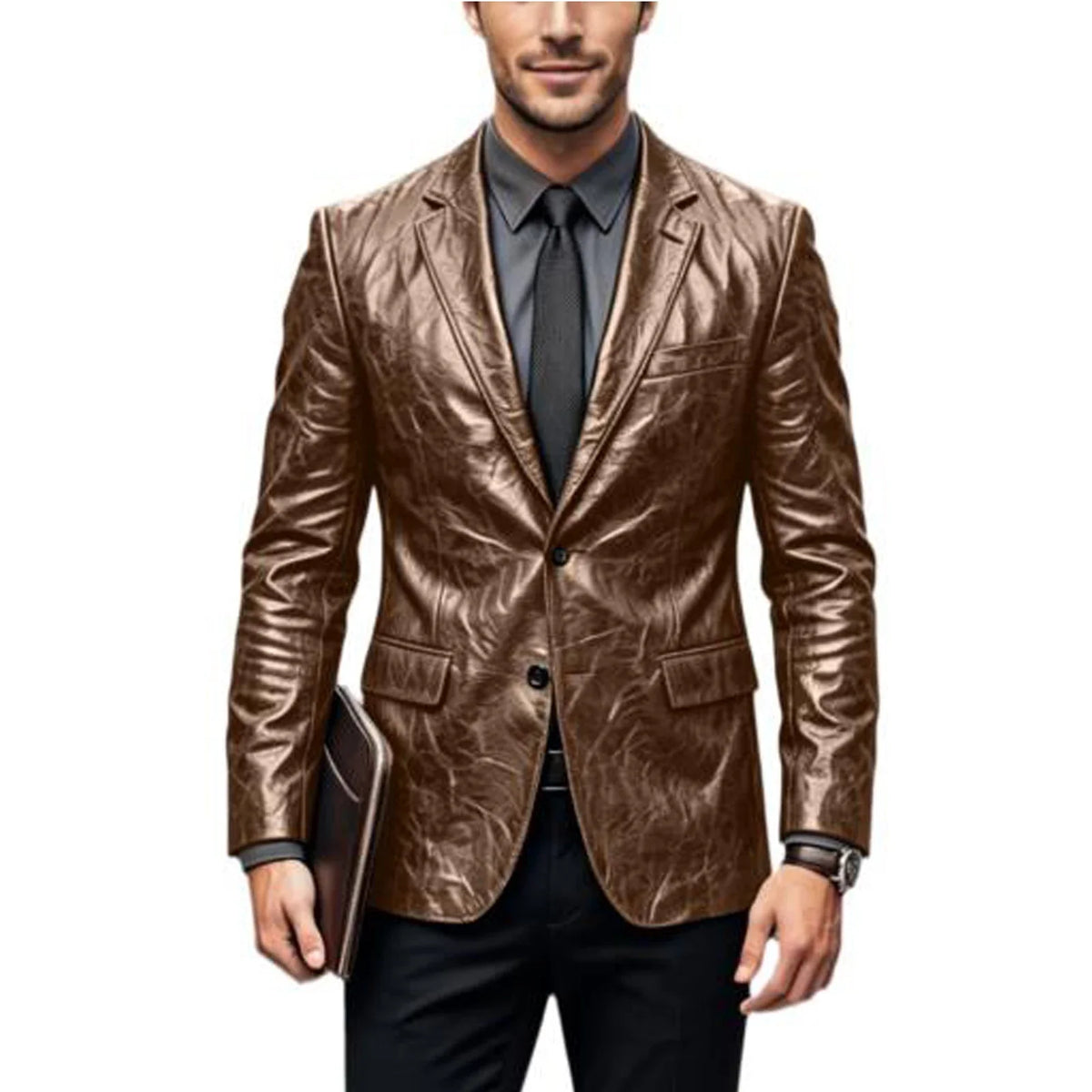 Vintage Wrinkled Men's PU Leather Blazer Slim Fit Notched Lapel Business Suit Jacket Two Button Casual Sport Coats for Office