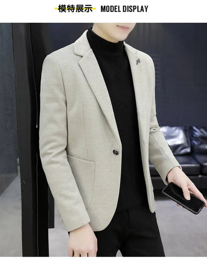 Blazer: An Outdoor Fashion Business Gentleman Pure Color Wedding Host Slim-fit Casual Korean-style Versatile Men Fleece Blazer