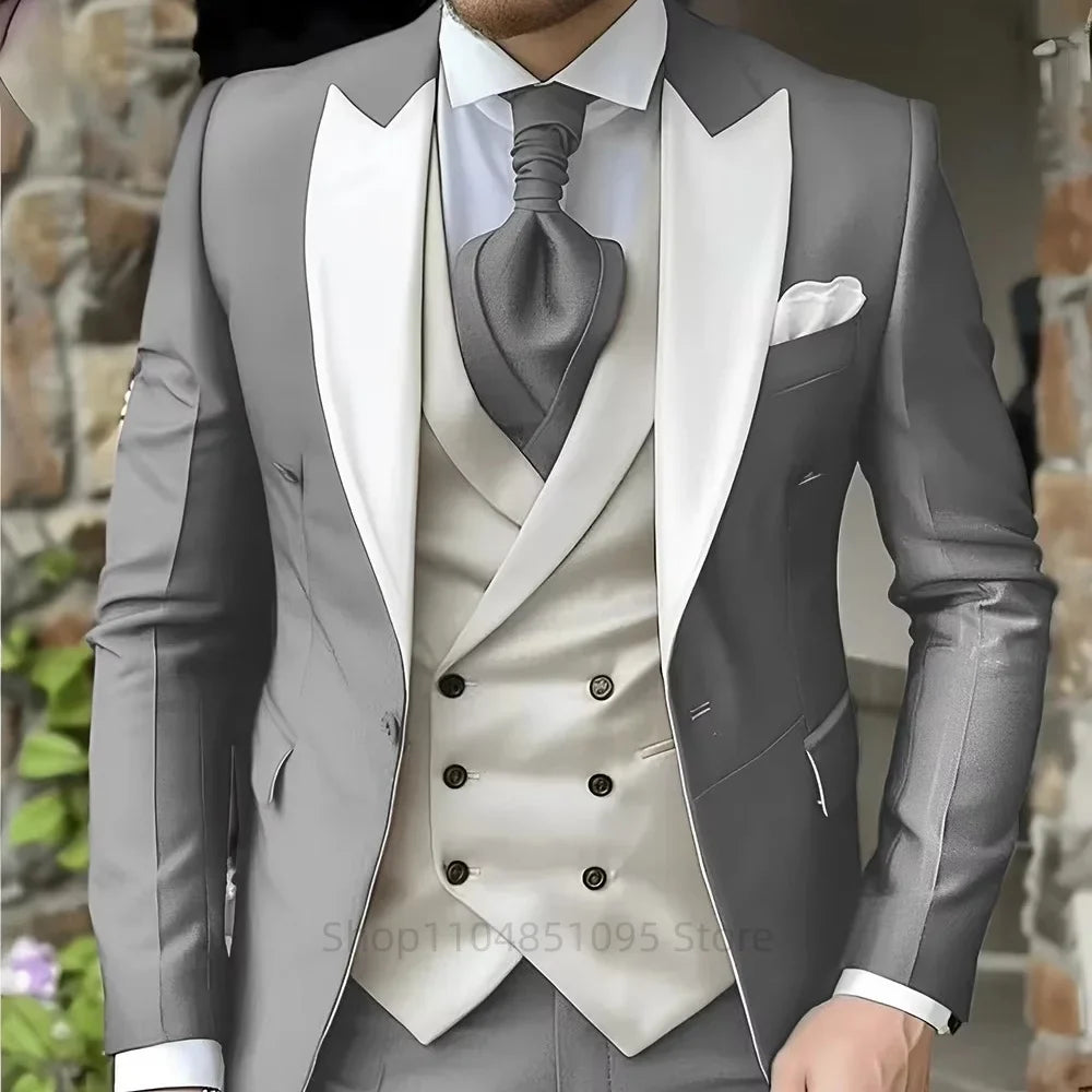 Costumes roses pour hommes Élégant smoking de marié à revers pointu Veste 3 pièces Gilet et pantalon Ensemble de costume formel pour hommes pour affaires et bal de promo