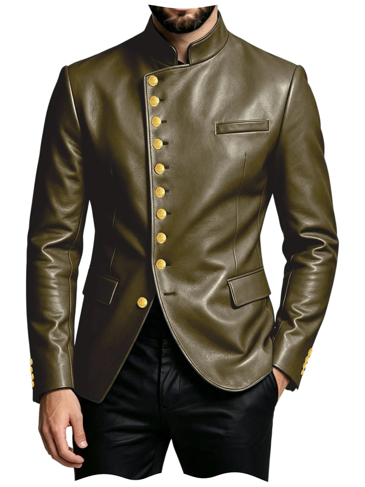 Luxury PU Men's Suit Blazer Single Breasted Stand Collar Slim Fit Leather Jacket Vintage High Quality Business Party Male Tuxedo