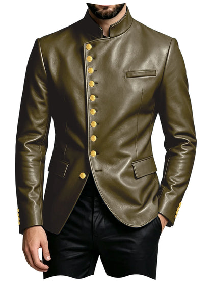 Luxury PU Men's Suit Blazer Single Breasted Stand Collar Slim Fit Leather Jacket Vintage High Quality Business Party Male Tuxedo