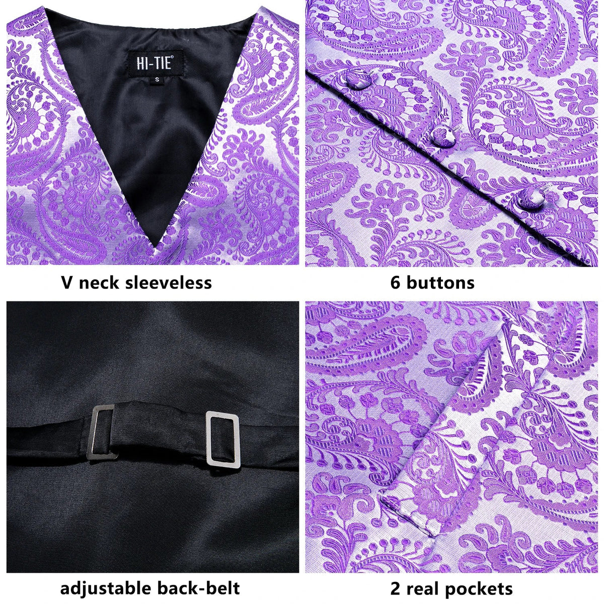 Men's Jacquard Floral Waistcoat Set with Tie, Pocket Square & Cufflinks – Purple Paisley, Wedding & Business