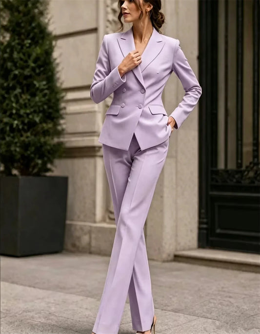 New Women's Suits Elegant 2 Pcs Tailored Set Double Breasted Pantsuits Slim Fit Business Wear Office Suit Jacket+Pant