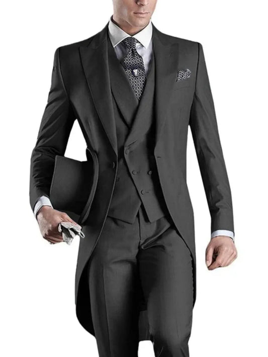 Charcoal Grey Men Suits Peaked Lapel 3 Pieces 1 Button Groom Tuxedos Wedding Suit For Men Set Custom Made (Jacket+Pants+Vest)