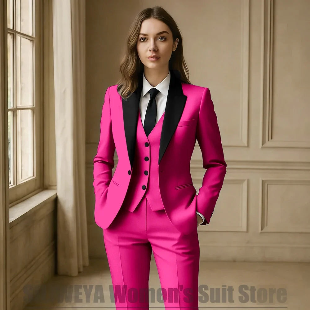 Women Royal Blue 3 Piece Tuxedo Suit Blazer Vest Pants with Black Lapel Slim Fit Formal Party Business Office Outfit
