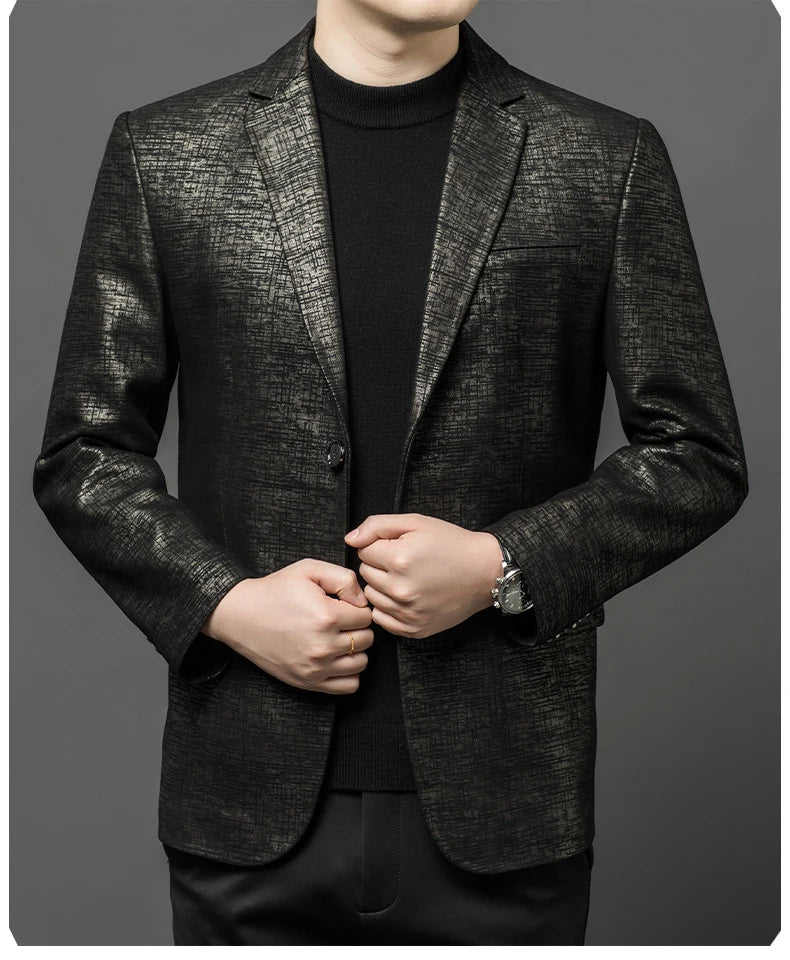 2024 High-end Men's Fashion Handsome Spring and Autumn Leather Printed Men's Suit Business Casual Coat  Men Leather Jacket  Suit