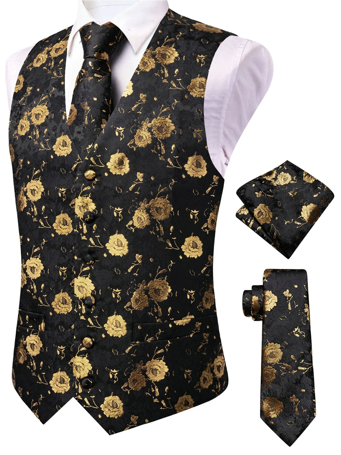 Men's Waistcoat Set Jacquard Floral Black Yellow Formal Wedding Tuxedo
