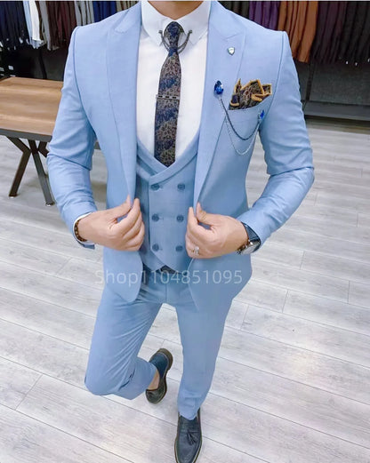 High-End Slim Fit 3 Pcs Set Formal Wedding Suits for Men Casual Business Groom Tuxedos with Jacket Vest Pants for Party Prom