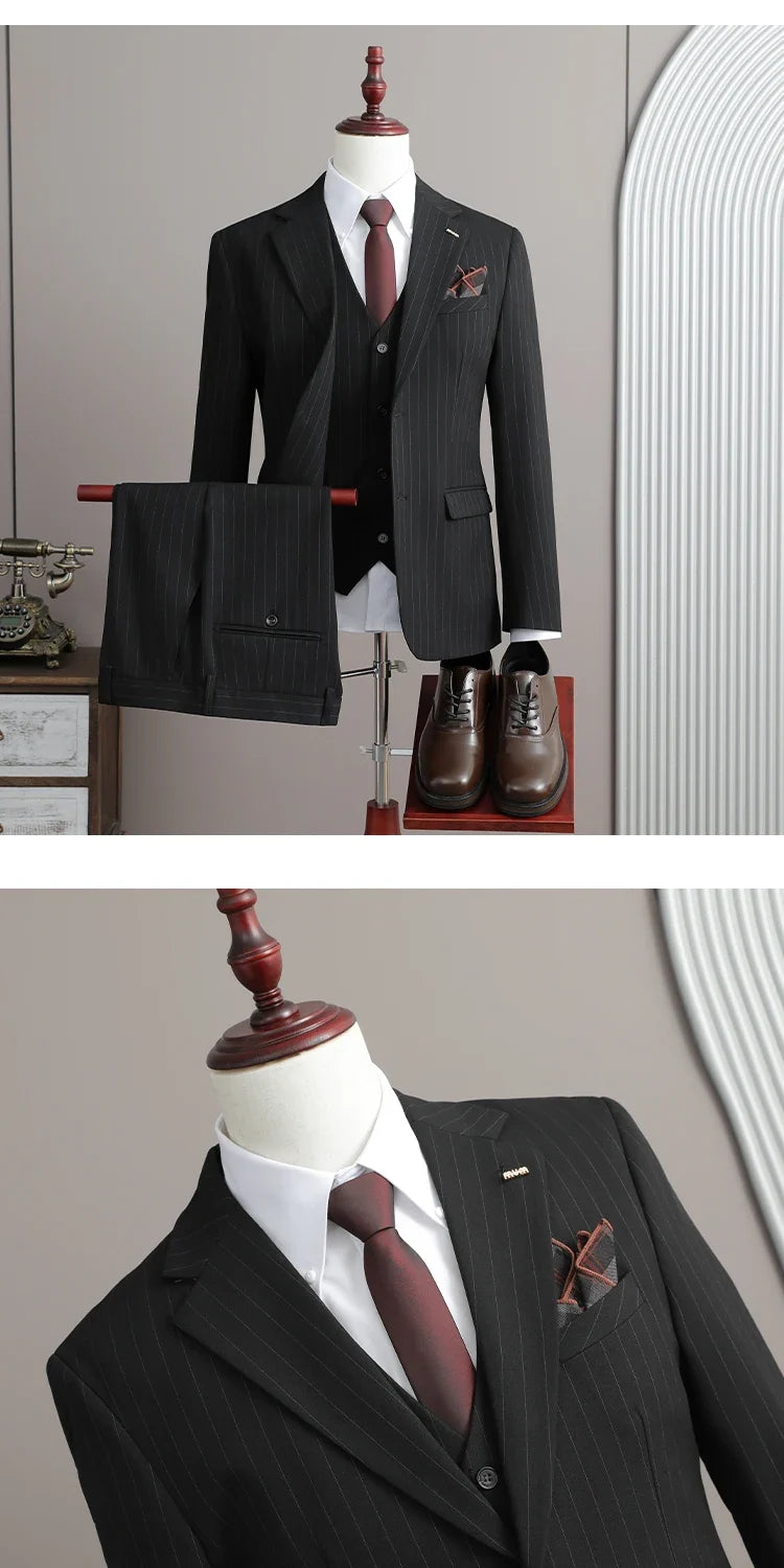 A Stylish and Cool Striped Casual Business Three-Piece Suit Set for the Autumn of 2025, a High-Quality Wedding Suit
